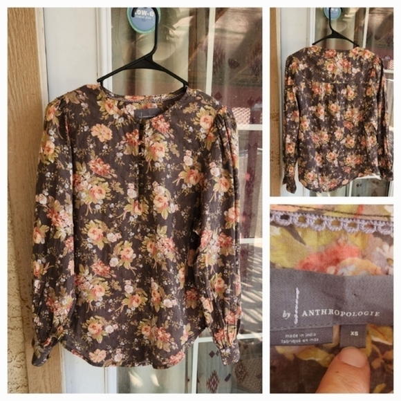 ANTHROPOLOGIE Michaela Peasant Blouse Gray Floral Top - Picture 2 of 2